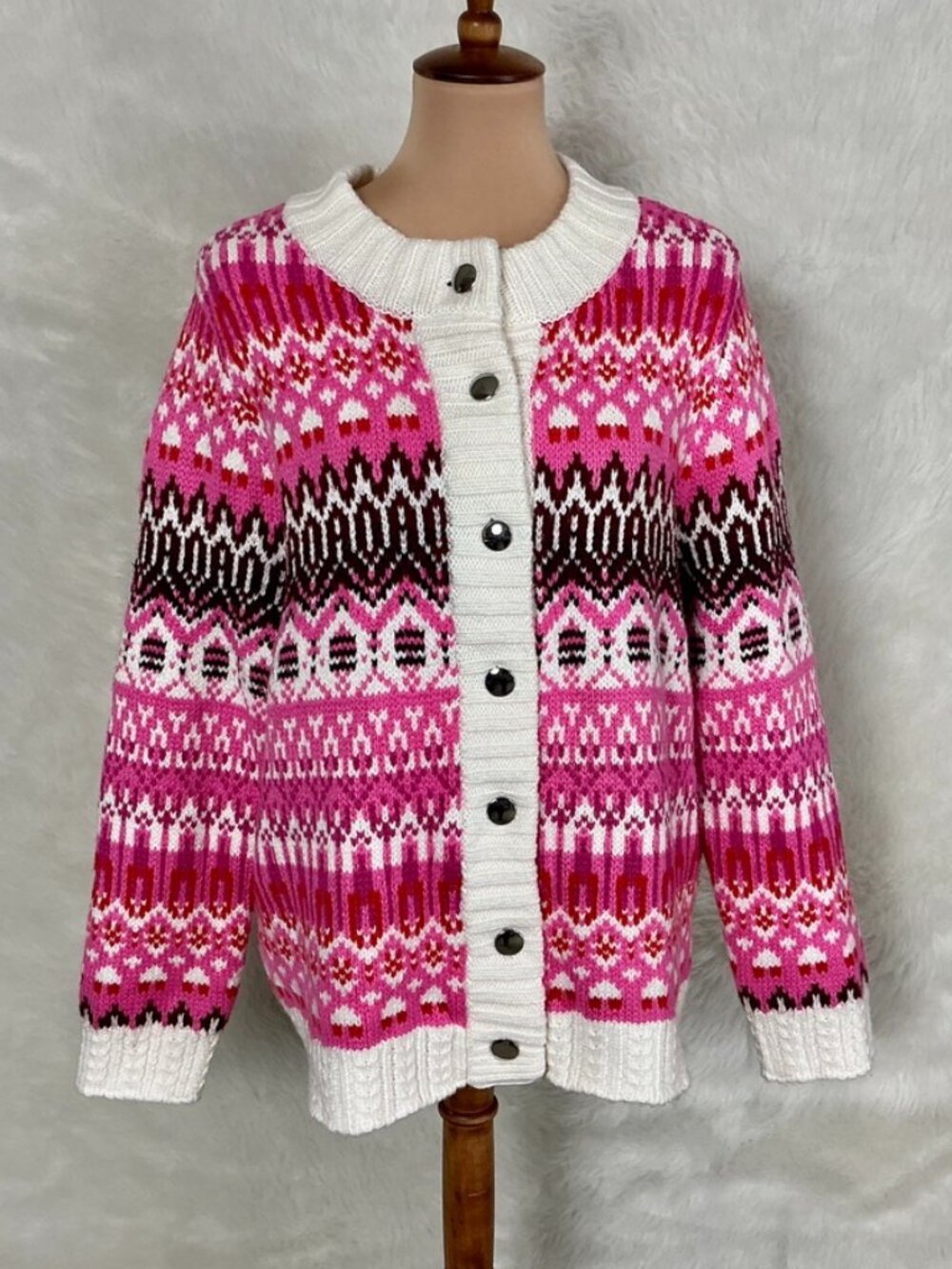 Talbots Pink White Red Modern Fair Isle Snap Front Cardigan Sweater NWT 2X Flaw